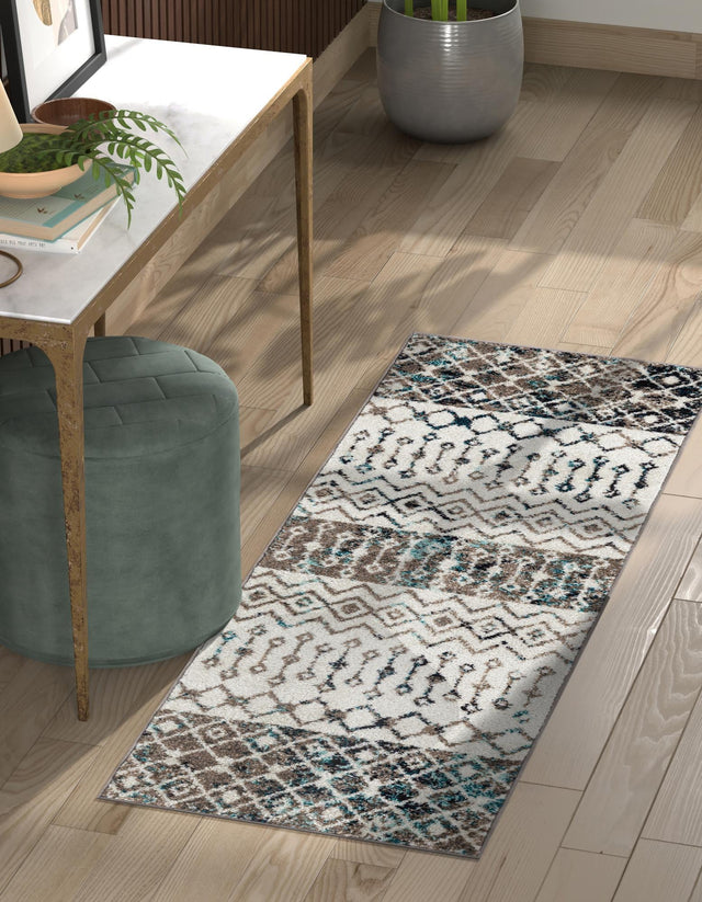 Ivory Gray Blue 2' 7 x 12' Tribal Trellis Runner Area Rug Geometric Southwestern Inspired Durable Carpet for Home Interior Design for Sale at Rug Engine