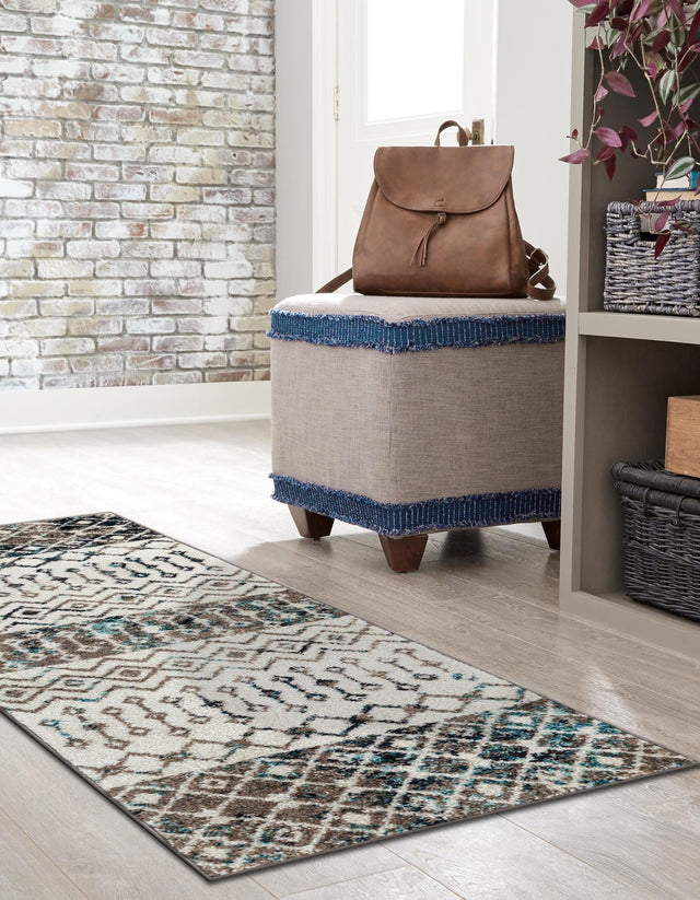 Ivory Gray Blue 2' x 8' Tribal Trellis Runner Area Rug Geometric Southwestern Inspired Durable Carpet for Home Interior Design for Sale at Rug Engine