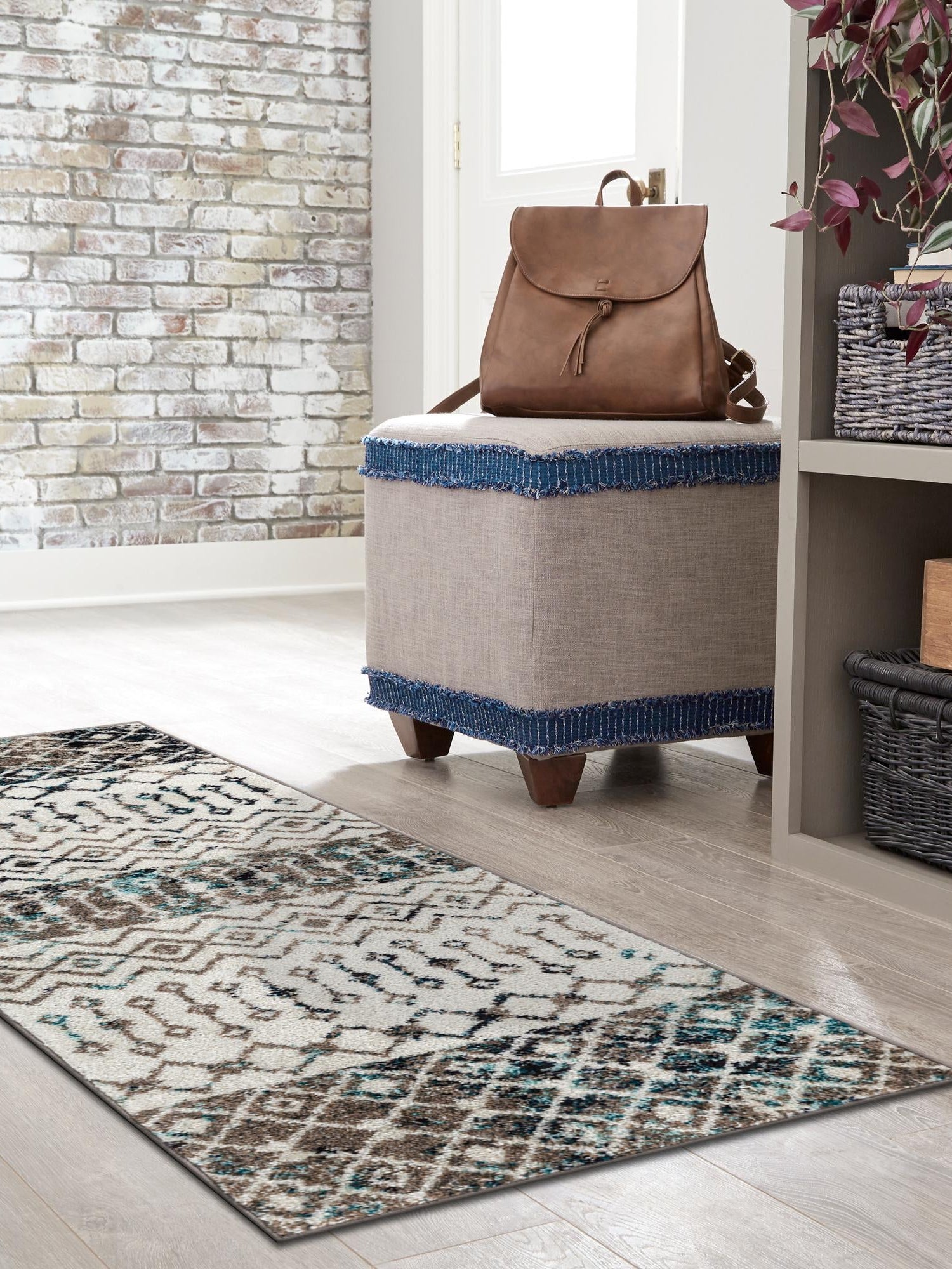 Ivory Gray Blue 2' 7 x 10' Tribal Trellis Runner Area Rug Geometric Southwestern Inspired Durable Carpet for Home Interior Design for Sale at Rug Engine
