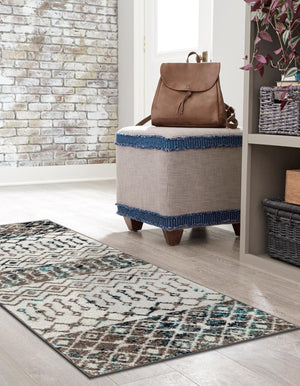 Ivory Gray Blue 2' 7 x 12' Tribal Trellis Runner Area Rug Geometric Southwestern Inspired Durable Carpet for Home Interior Design for Sale at Rug Engine