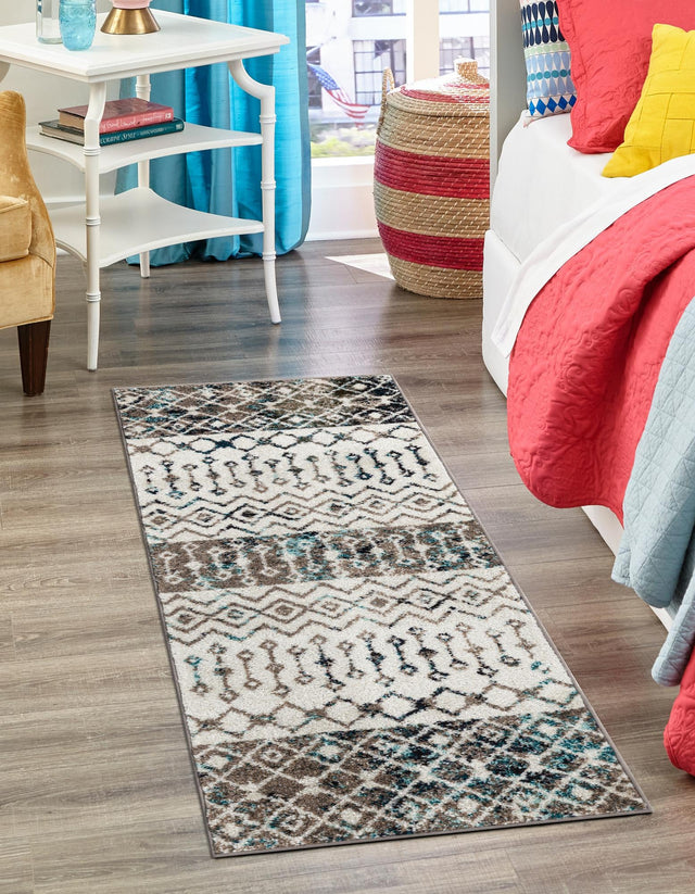 Ivory Gray Blue 2' x 6' 1 Tribal Trellis Runner Area Rug Geometric Southwestern Inspired Durable Carpet for Home Interior Design for Sale at Rug Engine