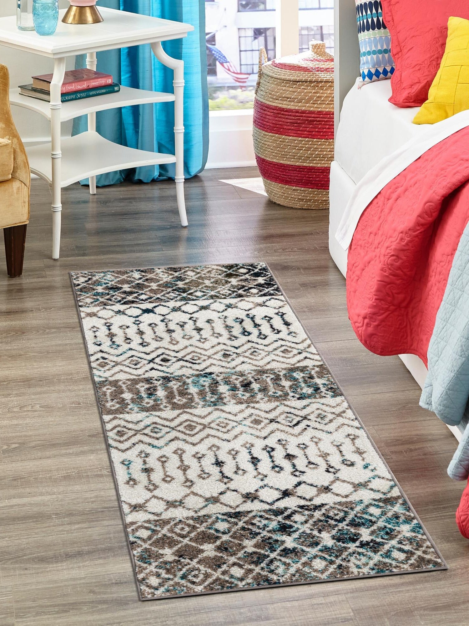 Ivory Gray Blue 2' x 5' 3 Tribal Trellis Runner Area Rug Geometric Southwestern Inspired Durable Carpet for Home Interior Design for Sale at Rug Engine