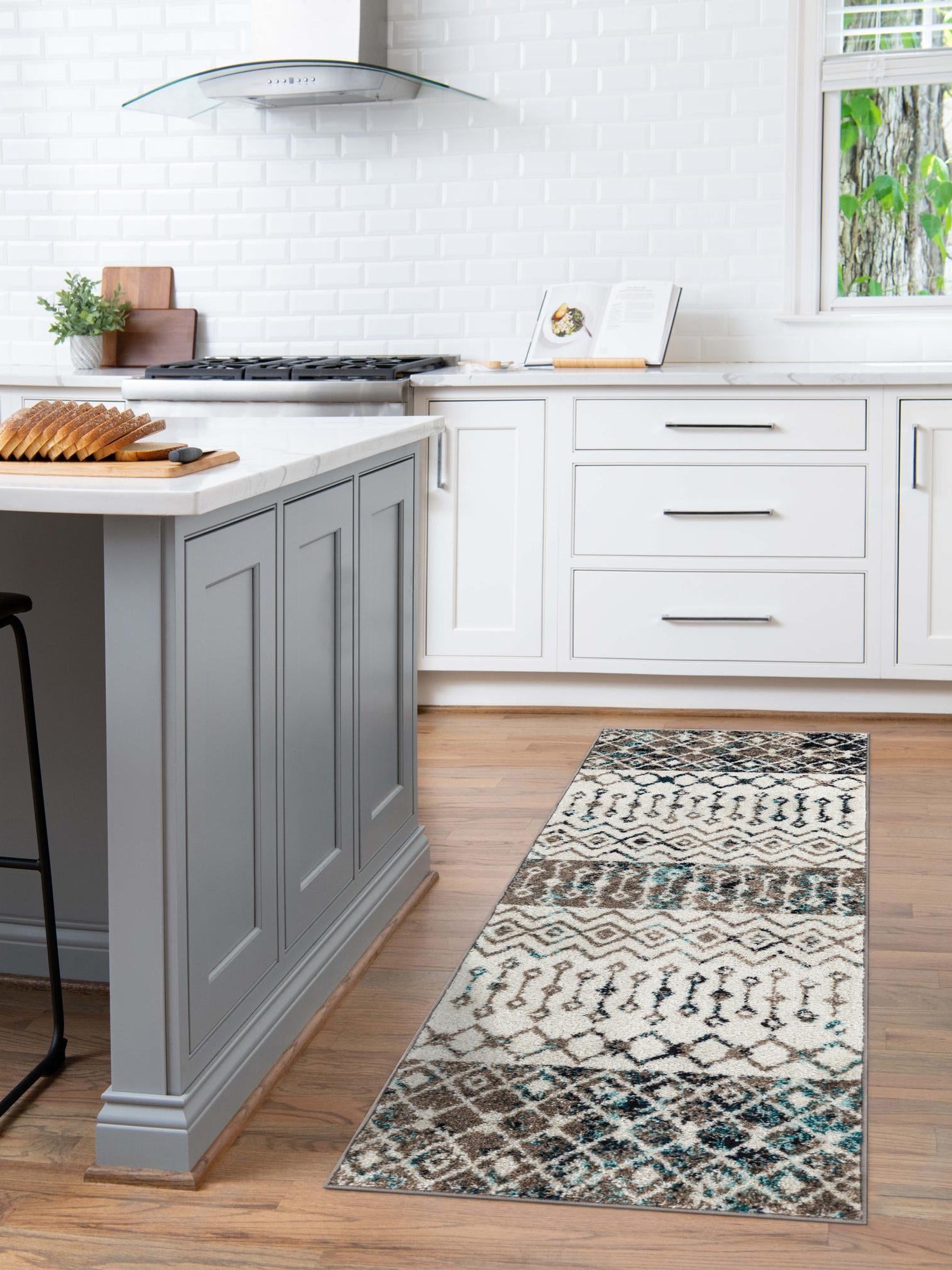 Ivory Gray Blue 2' x 5' 3 Tribal Trellis Runner Area Rug Geometric Southwestern Inspired Durable Carpet for Home Interior Design for Sale at Rug Engine