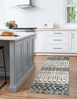Ivory Gray Blue 2' x 5' 3 Tribal Trellis Runner Area Rug Geometric Southwestern Inspired Durable Carpet for Home Interior Design for Sale at Rug Engine