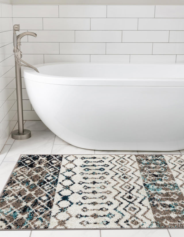 Ivory Gray Blue 3' 3 x 16' 5 Tribal Trellis Runner Area Rug Geometric Southwestern Inspired Durable Carpet for Home Interior Design for Sale at Rug Engine