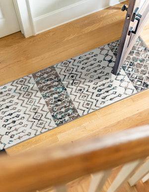Ivory Gray Blue 2' 7 x 12' Tribal Trellis Runner Area Rug Geometric Southwestern Inspired Durable Carpet for Home Interior Design for Sale at Rug Engine
