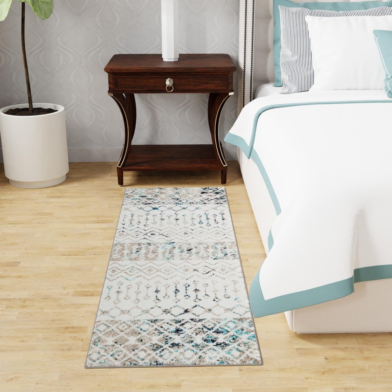 Ivory Gray Blue 3' 3 x 16' 5 Tribal Trellis Runner Area Rug Geometric Southwestern Inspired Durable Carpet for Home Interior Design for Sale at Rug Engine