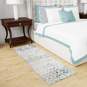 Ivory Gray Blue 3' 3 x 16' 5 Tribal Trellis Runner Area Rug Geometric Southwestern Inspired Durable Carpet for Home Interior Design for Sale at Rug Engine