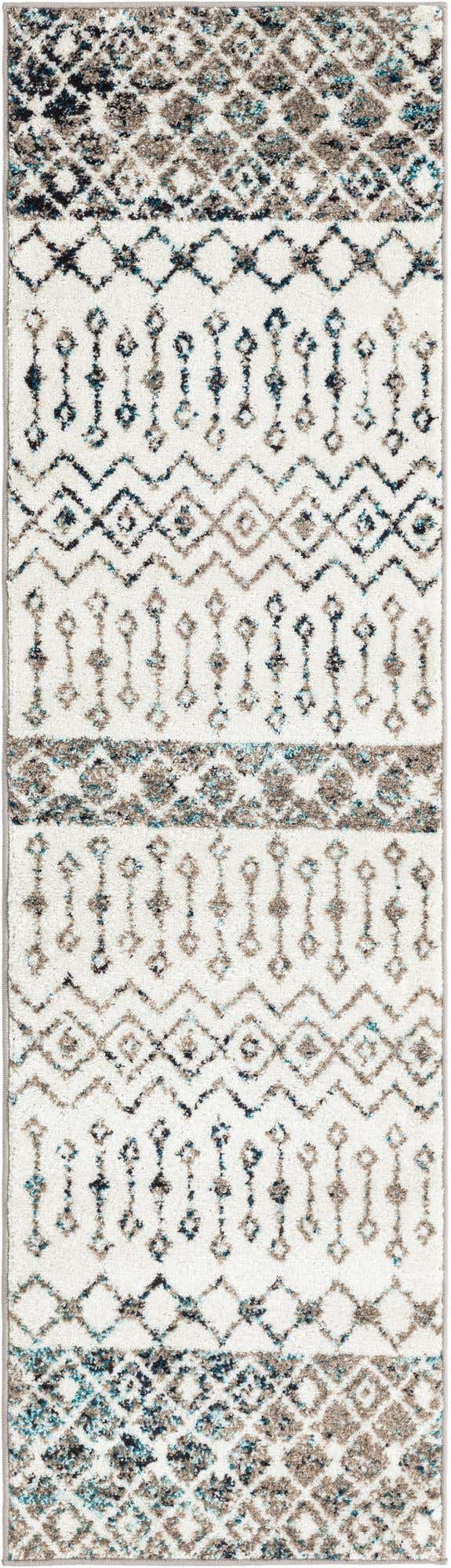 Ivory Gray Blue 2' x 7' 1 Tribal Trellis Runner Area Rug Geometric Southwestern Inspired Durable Carpet for Home Interior Design for Sale at Rug Engine
