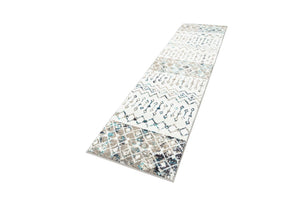 Ivory Gray Blue 2' x 8' Tribal Trellis Runner Area Rug Geometric Southwestern Inspired Durable Carpet for Home Interior Design for Sale at Rug Engine