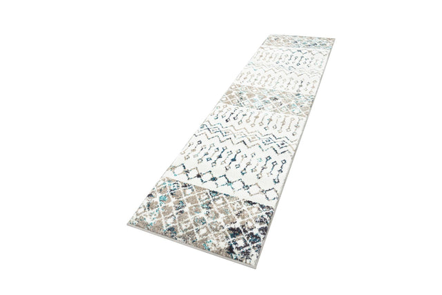 Ivory Gray Blue 2' x 8' Tribal Trellis Runner Area Rug Geometric Southwestern Inspired Durable Carpet for Home Interior Design for Sale at Rug Engine