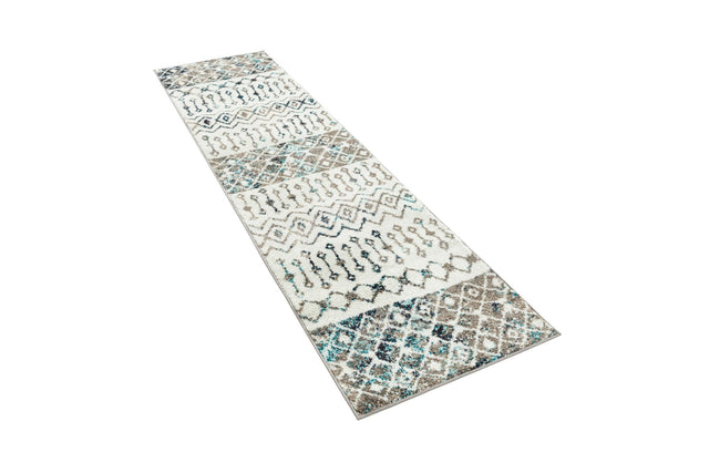 Ivory Gray Blue 2' x 8' Tribal Trellis Runner Area Rug Geometric Southwestern Inspired Durable Carpet for Home Interior Design for Sale at Rug Engine