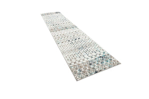 Ivory Gray Blue 2' 7 x 12' Tribal Trellis Runner Area Rug Geometric Southwestern Inspired Durable Carpet for Home Interior Design for Sale at Rug Engine