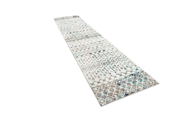 Ivory Gray Blue 2' 7 x 12' Tribal Trellis Runner Area Rug Geometric Southwestern Inspired Durable Carpet for Home Interior Design for Sale at Rug Engine