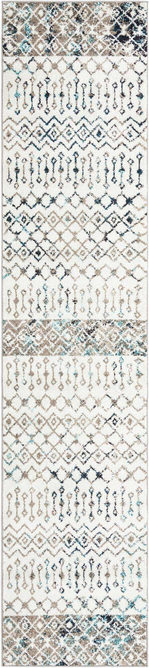 Ivory Gray Blue 2' 7 x 12' Tribal Trellis Runner Area Rug Geometric Southwestern Inspired Durable Carpet for Home Interior Design for Sale at Rug Engine