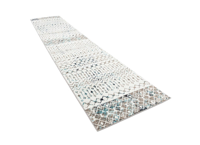 Ivory Gray Blue 3' 3 x 16' 5 Tribal Trellis Runner Area Rug Geometric Southwestern Inspired Durable Carpet for Home Interior Design for Sale at Rug Engine