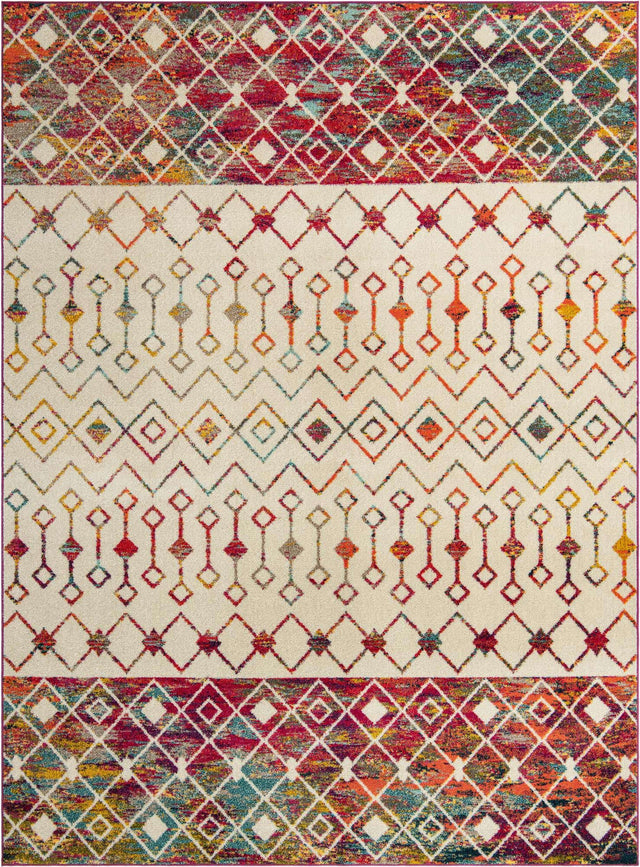 Ivory Multicolor 9' x 12' Tribal Trellis Rectangle Area Rug Geometric Southwestern Inspired Durable Carpet for Home Interior Design for Sale at Rug Engine