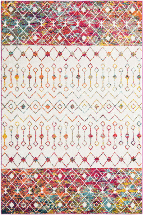 Ivory Multicolor 6' 1 x 9' Tribal Trellis Rectangle Area Rug Geometric Southwestern Inspired Durable Carpet for Home Interior Design for Sale at Rug Engine