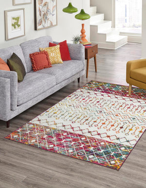 Ivory Multicolor 6' 1 x 9' Tribal Trellis Rectangle Area Rug Geometric Southwestern Inspired Durable Carpet for Home Interior Design for Sale at Rug Engine