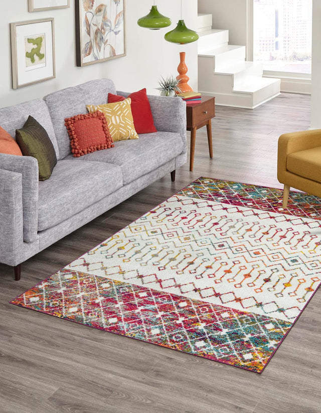 Ivory Multicolor 6' 1 x 9' Tribal Trellis Rectangle Area Rug Geometric Southwestern Inspired Durable Carpet for Home Interior Design for Sale at Rug Engine