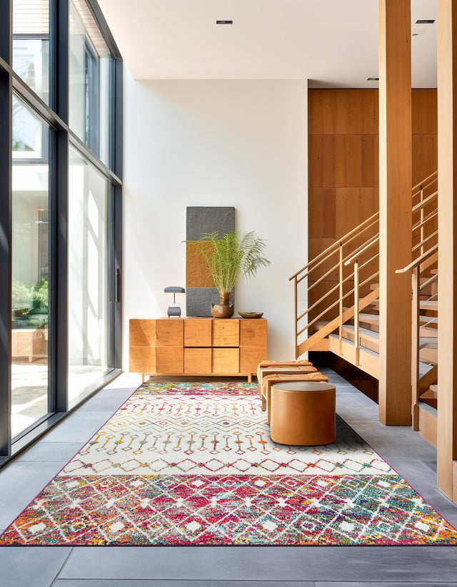 Ivory Multicolor 6' 1 x 9' Tribal Trellis Rectangle Area Rug Geometric Southwestern Inspired Durable Carpet for Home Interior Design for Sale at Rug Engine
