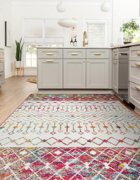 Ivory Multicolor 6' 1 x 9' Tribal Trellis Rectangle Area Rug Geometric Southwestern Inspired Durable Carpet for Home Interior Design for Sale at Rug Engine