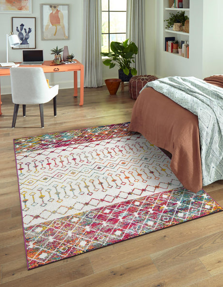 Ivory Multicolor 5' 3 x 8' Tribal Trellis Rectangle Area Rug Geometric Southwestern Inspired Durable Carpet for Home Interior Design for Sale at Rug Engine