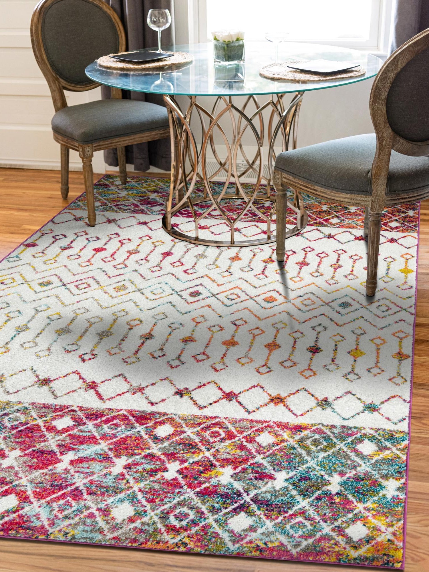 Ivory Multicolor 9' x 12' Tribal Trellis Rectangle Area Rug Geometric Southwestern Inspired Durable Carpet for Home Interior Design for Sale at Rug Engine