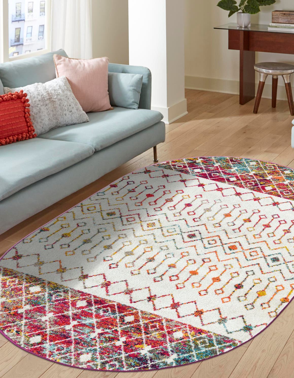 Ivory Multicolor 7' 10 x 10' Tribal Trellis Oval Area Rug Geometric Southwestern Inspired Durable Carpet for Home Interior Design for Sale at Rug Engine