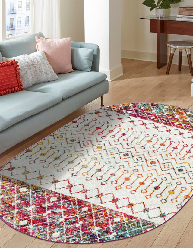 Ivory Multicolor 4' 1 x 6' 1 Tribal Trellis Oval Area Rug Geometric Southwestern Inspired Durable Carpet for Home Interior Design for Sale at Rug Engine