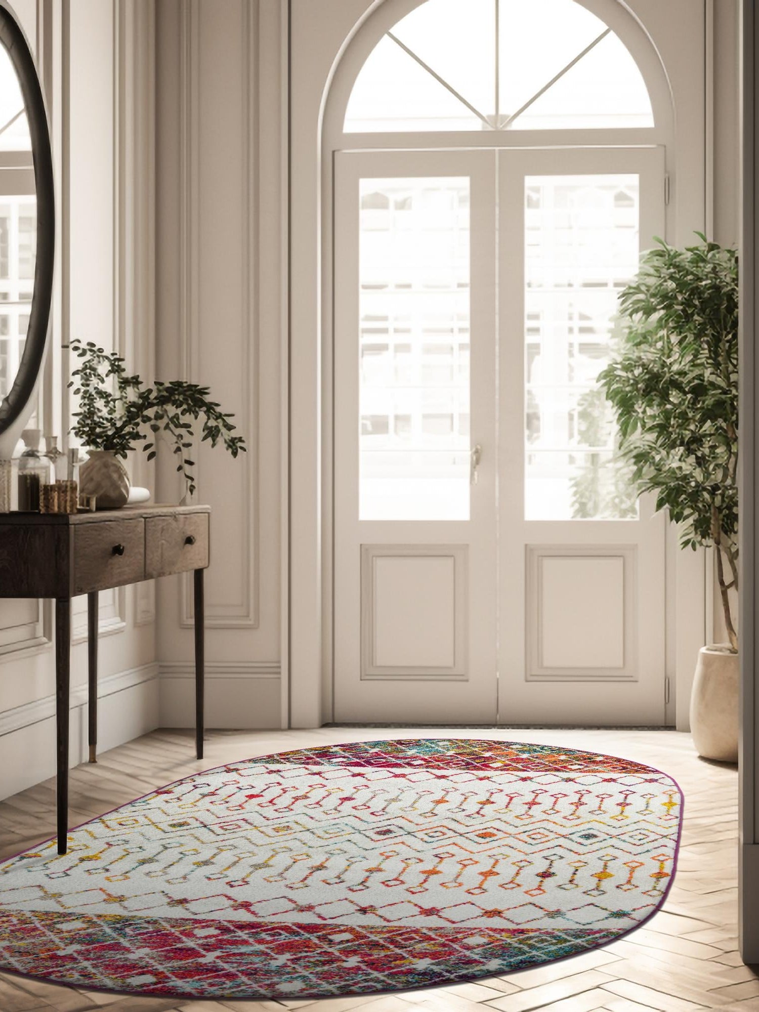 Ivory Multicolor 5' 3 x 8' Tribal Trellis Oval Area Rug Geometric Southwestern Inspired Durable Carpet for Home Interior Design for Sale at Rug Engine