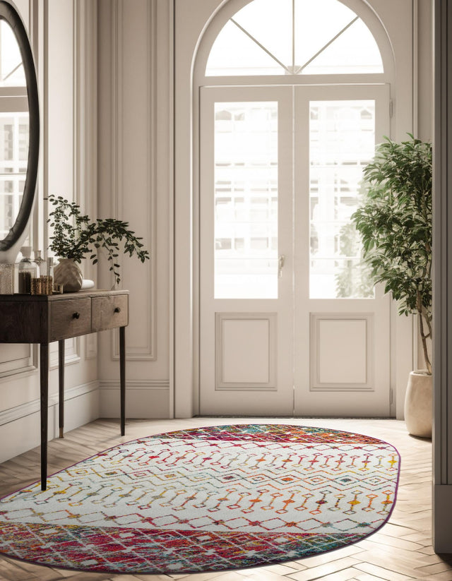 Ivory Multicolor 5' 3 x 8' Tribal Trellis Oval Area Rug Geometric Southwestern Inspired Durable Carpet for Home Interior Design for Sale at Rug Engine