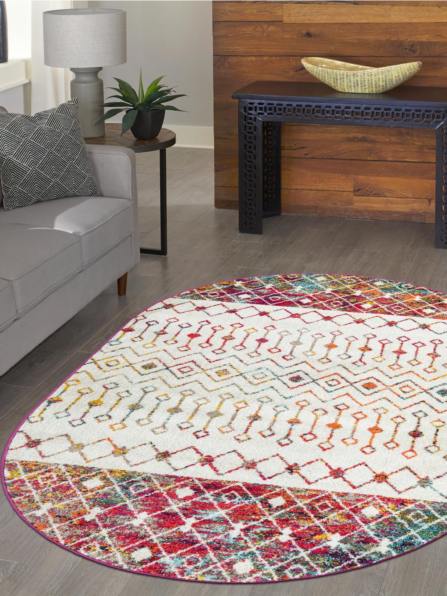 Ivory Multicolor 5' 3 x 8' Tribal Trellis Oval Area Rug Geometric Southwestern Inspired Durable Carpet for Home Interior Design for Sale at Rug Engine