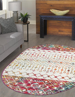 Ivory Multicolor 5' 3 x 8' Tribal Trellis Oval Area Rug Geometric Southwestern Inspired Durable Carpet for Home Interior Design for Sale at Rug Engine