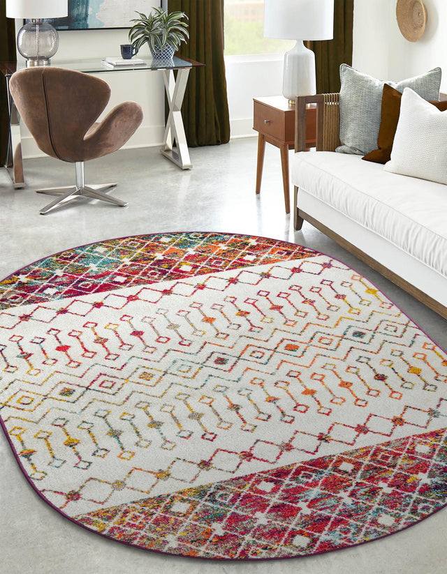 Ivory Multicolor 7' 10 x 10' Tribal Trellis Oval Area Rug Geometric Southwestern Inspired Durable Carpet for Home Interior Design for Sale at Rug Engine