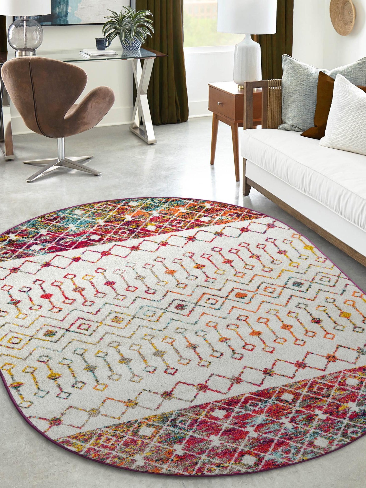 Ivory Multicolor 4' 1 x 6' 1 Tribal Trellis Oval Area Rug Geometric Southwestern Inspired Durable Carpet for Home Interior Design for Sale at Rug Engine