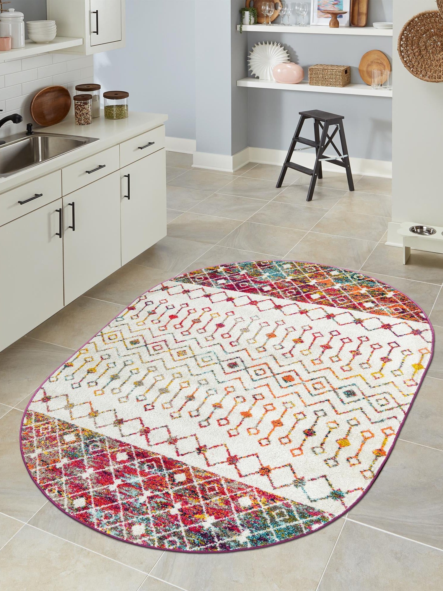 Ivory Multicolor 4' 1 x 6' 1 Tribal Trellis Oval Area Rug Geometric Southwestern Inspired Durable Carpet for Home Interior Design for Sale at Rug Engine