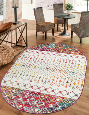 Ivory Multicolor 5' 3 x 8' Tribal Trellis Oval Area Rug Geometric Southwestern Inspired Durable Carpet for Home Interior Design for Sale at Rug Engine