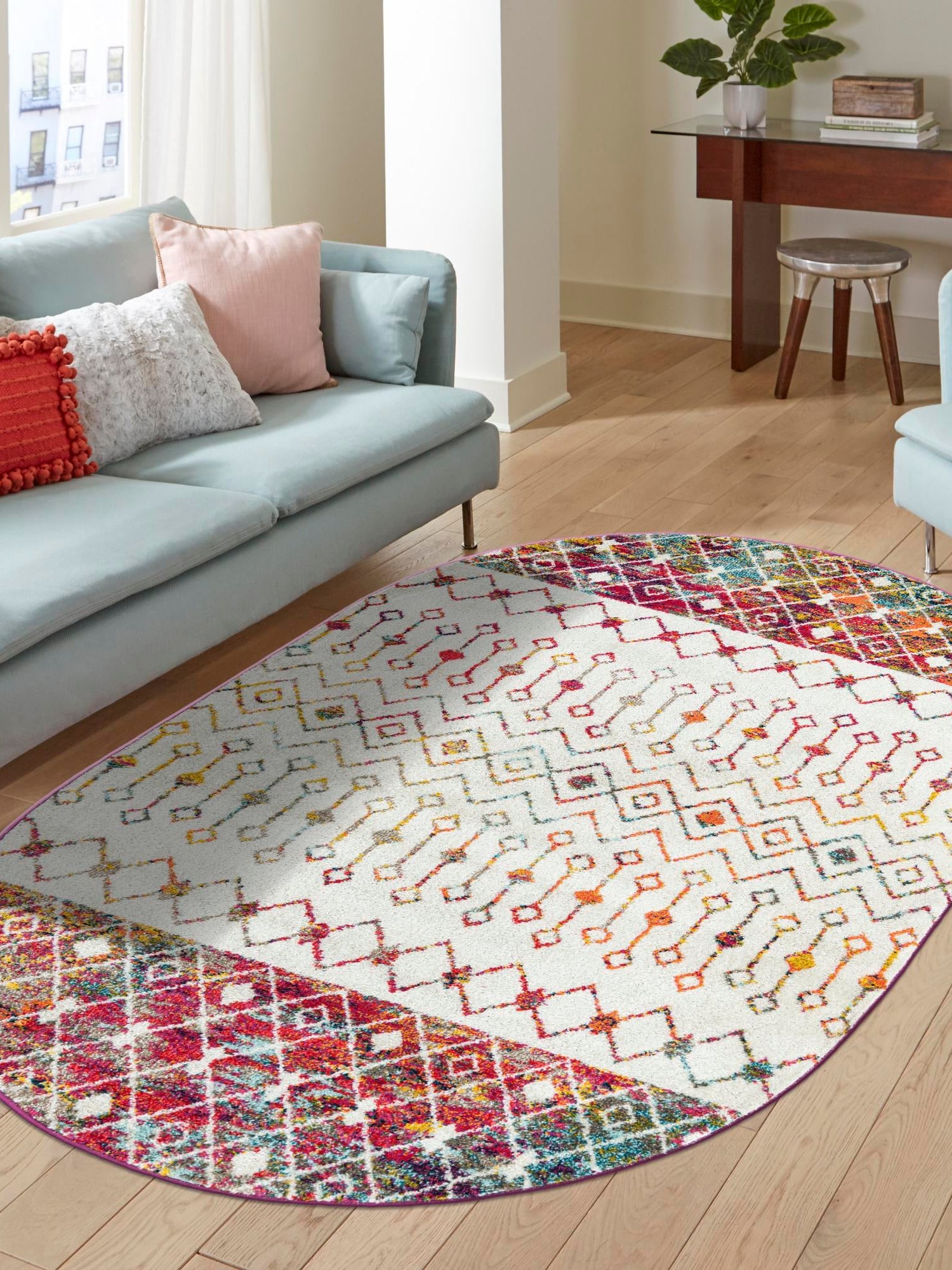 Ivory Multicolor 4' 1 x 6' 1 Tribal Trellis Oval Area Rug Geometric Southwestern Inspired Durable Carpet for Home Interior Design for Sale at Rug Engine