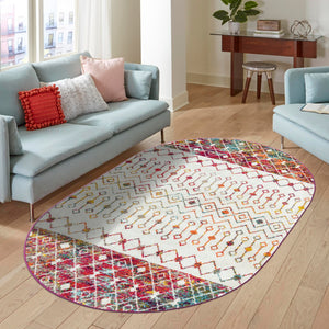 Ivory Multicolor 4' 1 x 6' 1 Tribal Trellis Oval Area Rug Geometric Southwestern Inspired Durable Carpet for Home Interior Design for Sale at Rug Engine