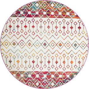 Ivory Multicolor 7' 10 x 7' 10 Tribal Trellis Round Area Rug Geometric Southwestern Inspired Durable Carpet for Home Interior Design for Sale at Rug Engine