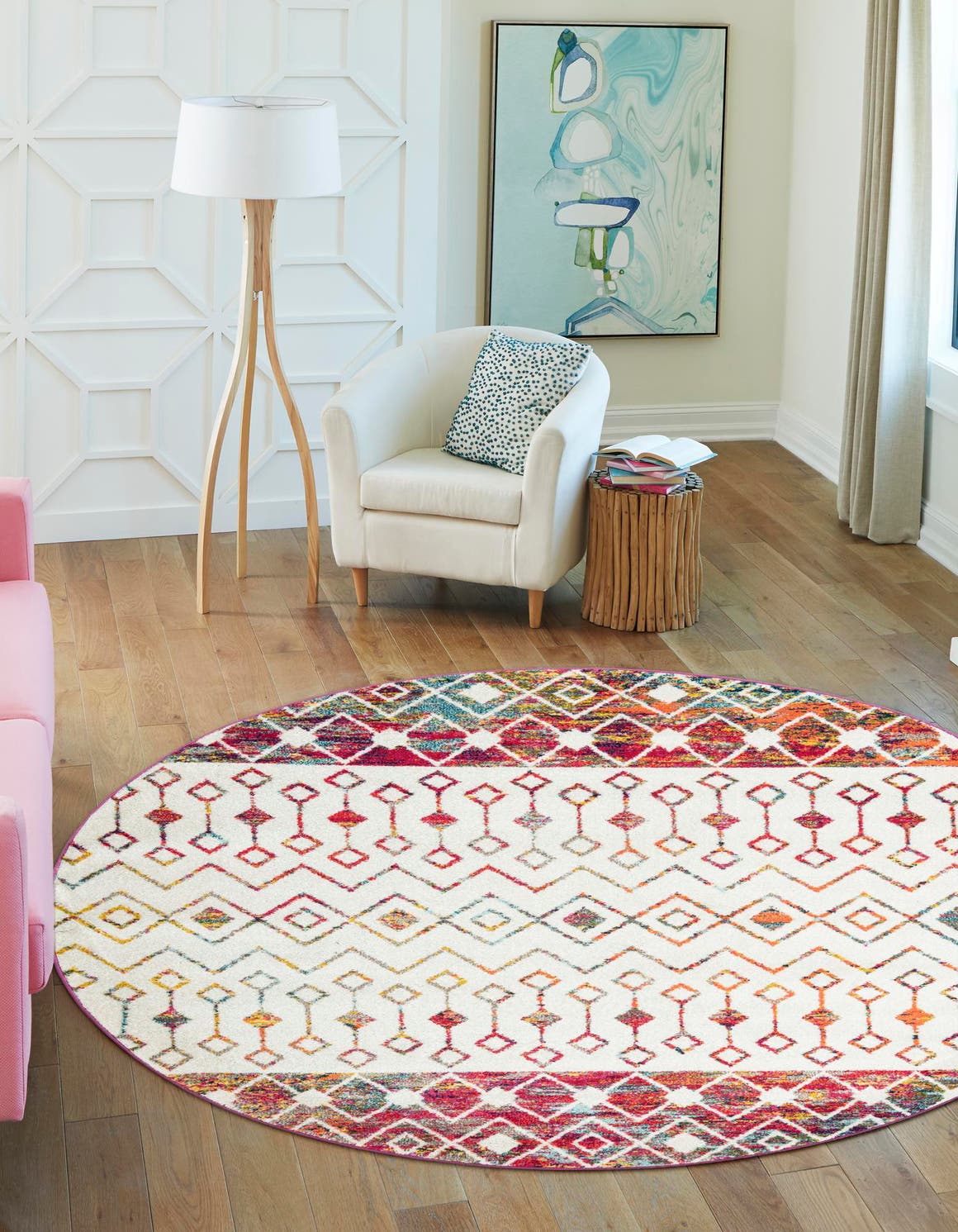 Ivory Multicolor 3' 1 x 3' 1 Tribal Trellis Round Area Rug Geometric Southwestern Inspired Durable Carpet for Home Interior Design for Sale at Rug Engine
