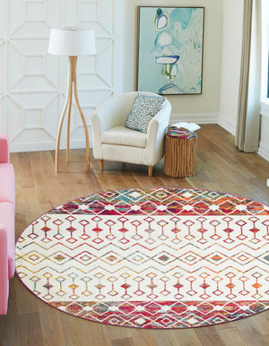 Ivory Multicolor 3' 1 x 3' 1 Tribal Trellis Round Area Rug Geometric Southwestern Inspired Durable Carpet for Home Interior Design for Sale at Rug Engine