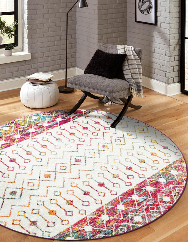 Ivory Multicolor 6' 1 x 6' 1 Tribal Trellis Round Area Rug Geometric Southwestern Inspired Durable Carpet for Home Interior Design for Sale at Rug Engine