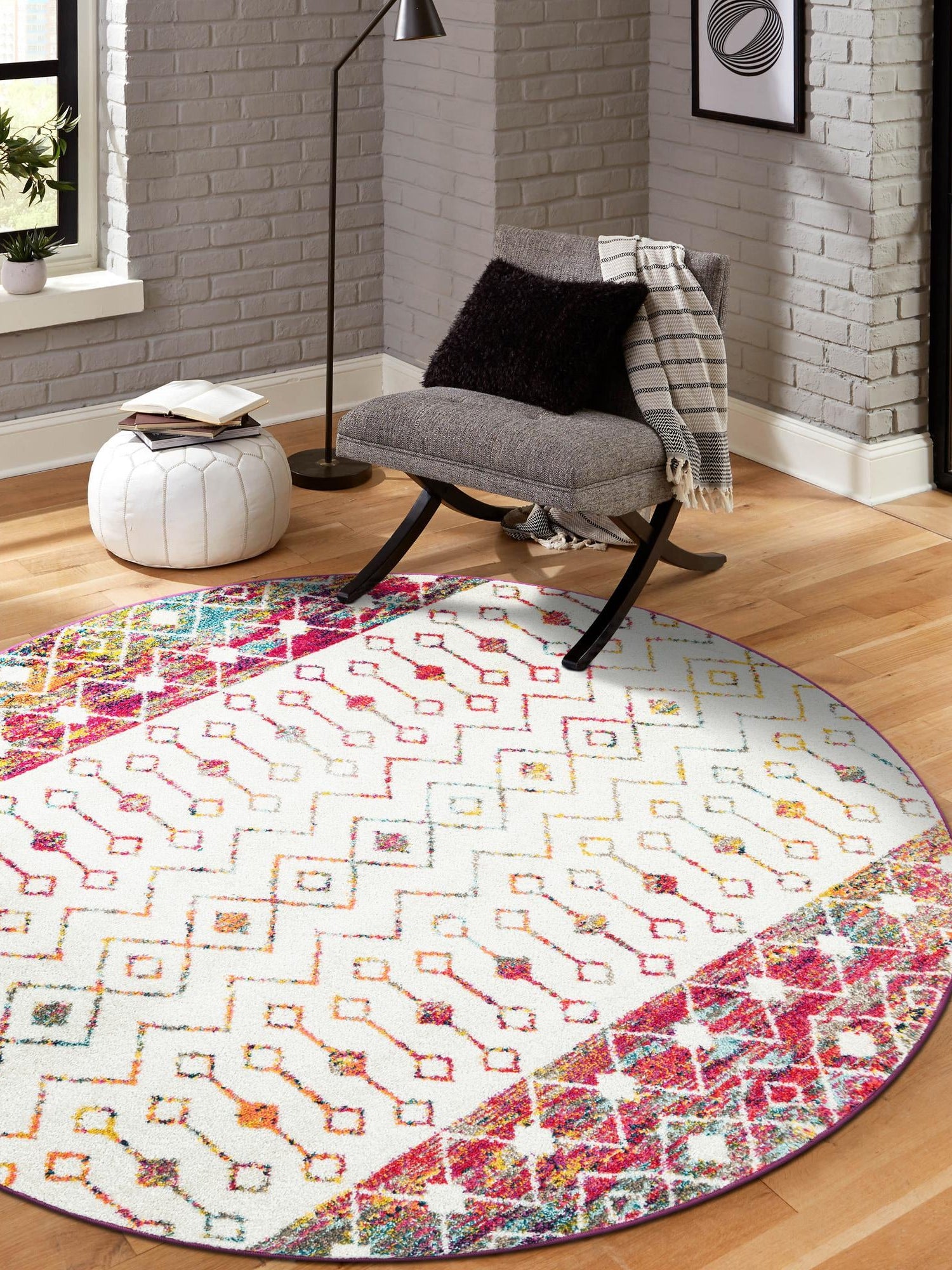 Ivory Multicolor 7' 10 x 7' 10 Tribal Trellis Round Area Rug Geometric Southwestern Inspired Durable Carpet for Home Interior Design for Sale at Rug Engine