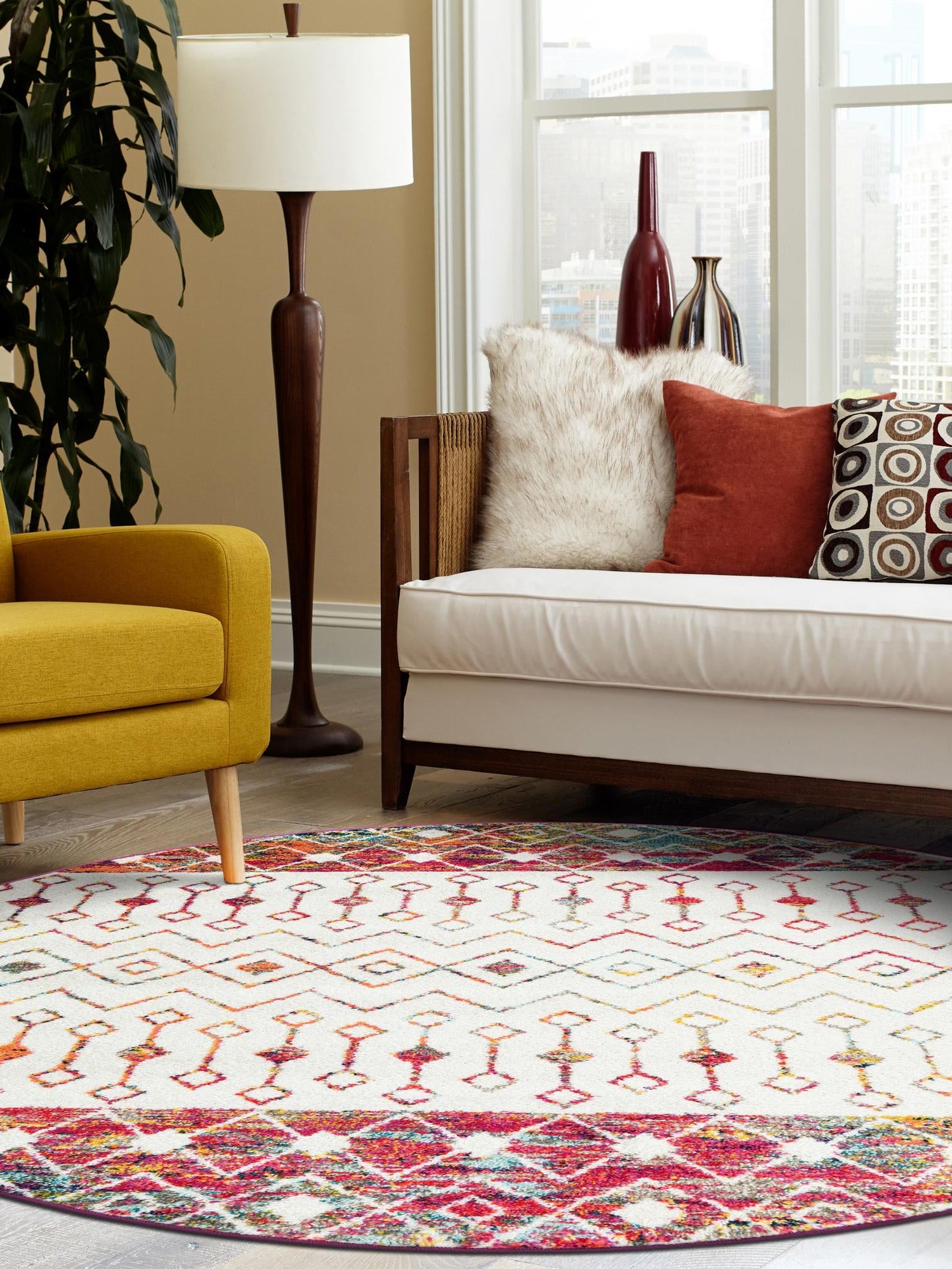 Ivory Multicolor 5' 3 x 5' 3 Tribal Trellis Round Area Rug Geometric Southwestern Inspired Durable Carpet for Home Interior Design for Sale at Rug Engine