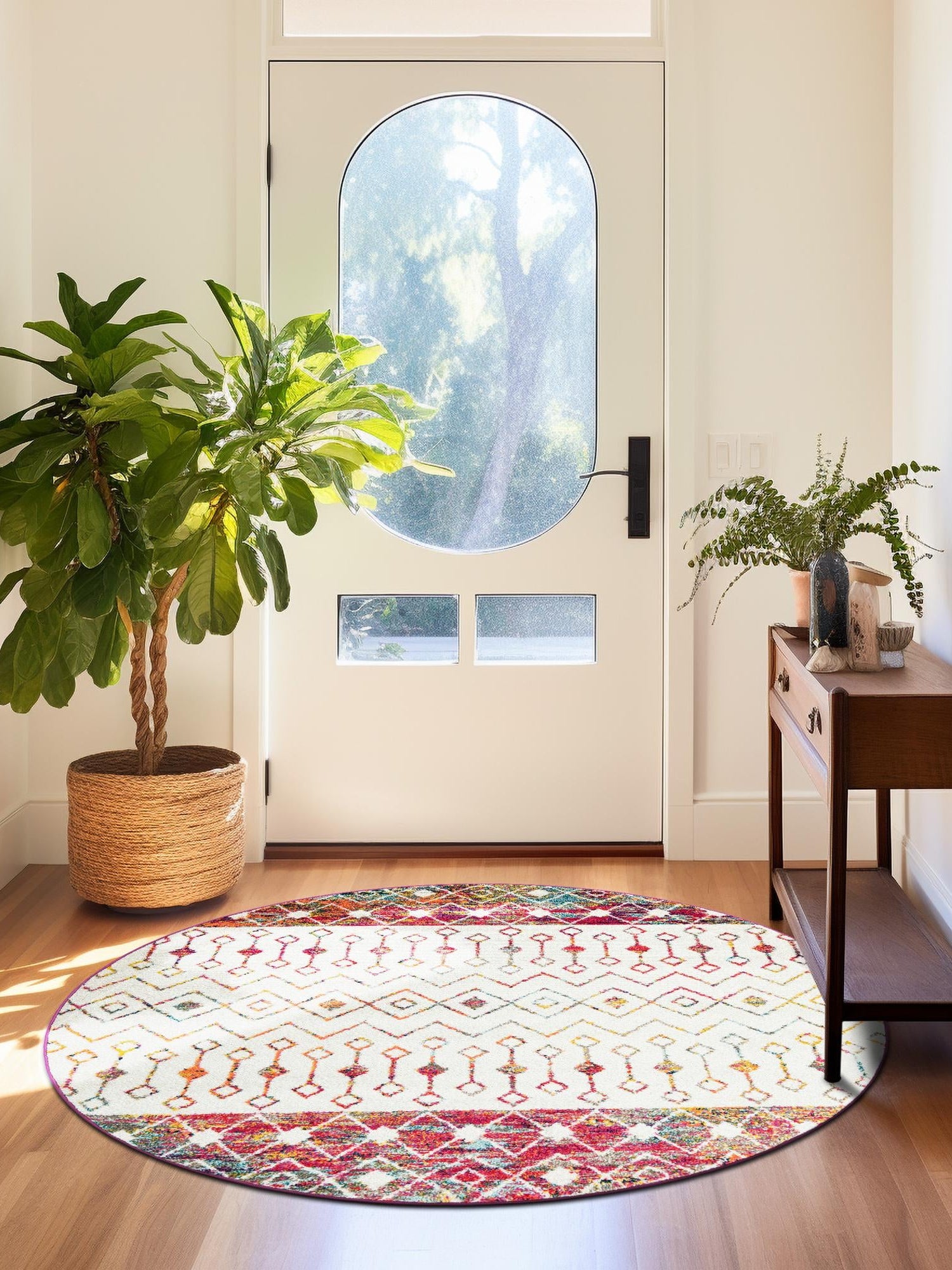 Ivory Multicolor 7' 10 x 7' 10 Tribal Trellis Round Area Rug Geometric Southwestern Inspired Durable Carpet for Home Interior Design for Sale at Rug Engine
