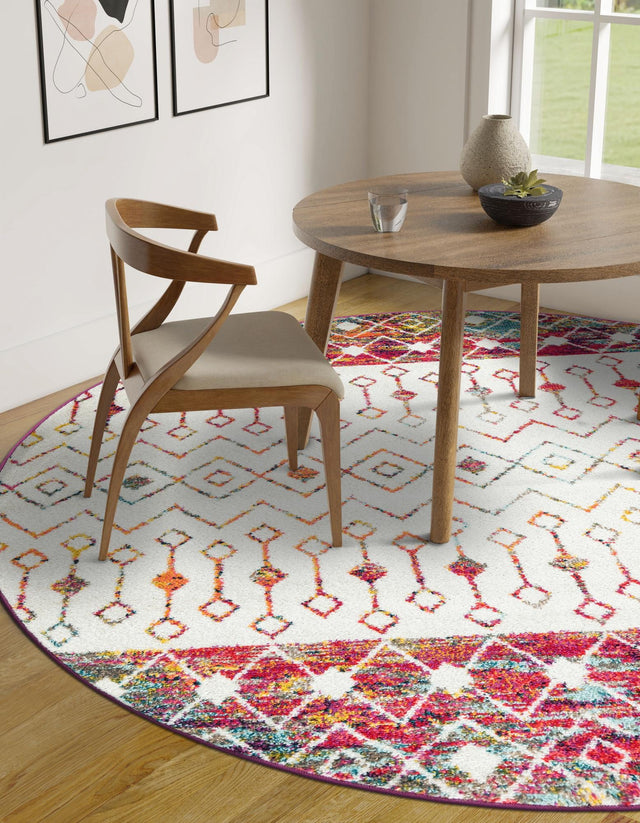 Ivory Multicolor 7' 10 x 7' 10 Tribal Trellis Round Area Rug Geometric Southwestern Inspired Durable Carpet for Home Interior Design for Sale at Rug Engine