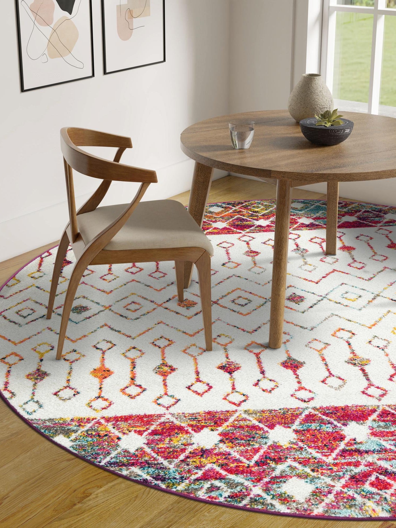Ivory Multicolor 3' 1 x 3' 1 Tribal Trellis Round Area Rug Geometric Southwestern Inspired Durable Carpet for Home Interior Design for Sale at Rug Engine