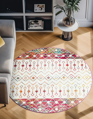 Ivory Multicolor 6' 1 x 6' 1 Tribal Trellis Round Area Rug Geometric Southwestern Inspired Durable Carpet for Home Interior Design for Sale at Rug Engine